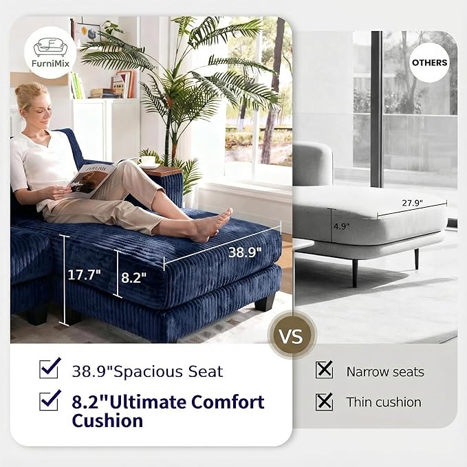FurniMix 4-Seat Corduroy Sectional Sofa with Swappable Chaise, Soft Upholstery, Wide Seats & Armrest Storage,Blue
