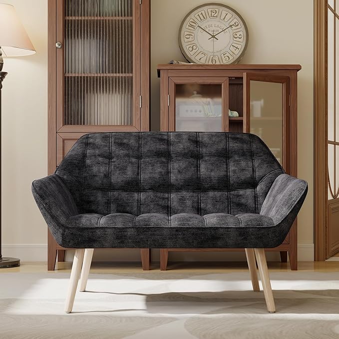48" Small Couches for Living Room, Mid Century Modern Loveseat with Wood Legs 2-Seat Chenille Upholstered Sofa Tufted Couches for Small Space, Apartment, Dorm, Dark Gray