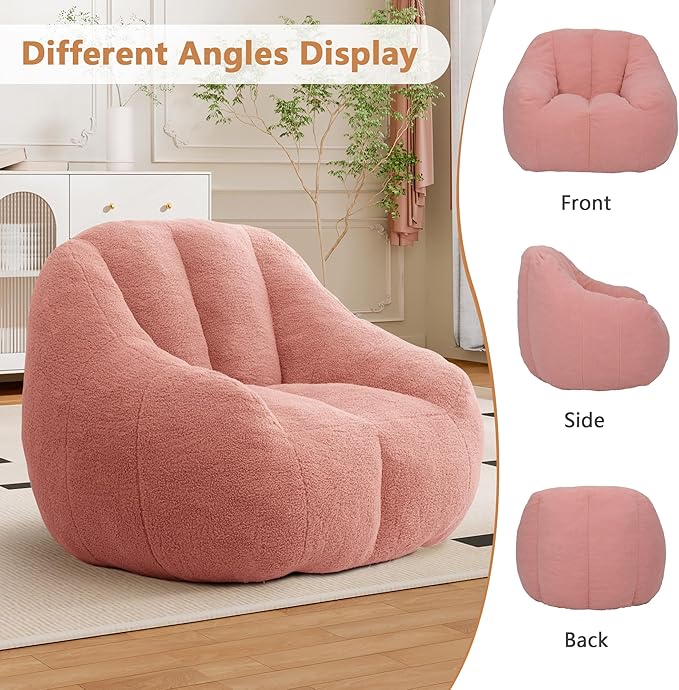 Setawix Bean Bag Chair with Filler, Comfy Teddy Bean Bag Chairs for Adults and Kids, Cozy BeanBag Sofa Fully Floor Couch with Memory Foam for Living Room Bedroom,Pink