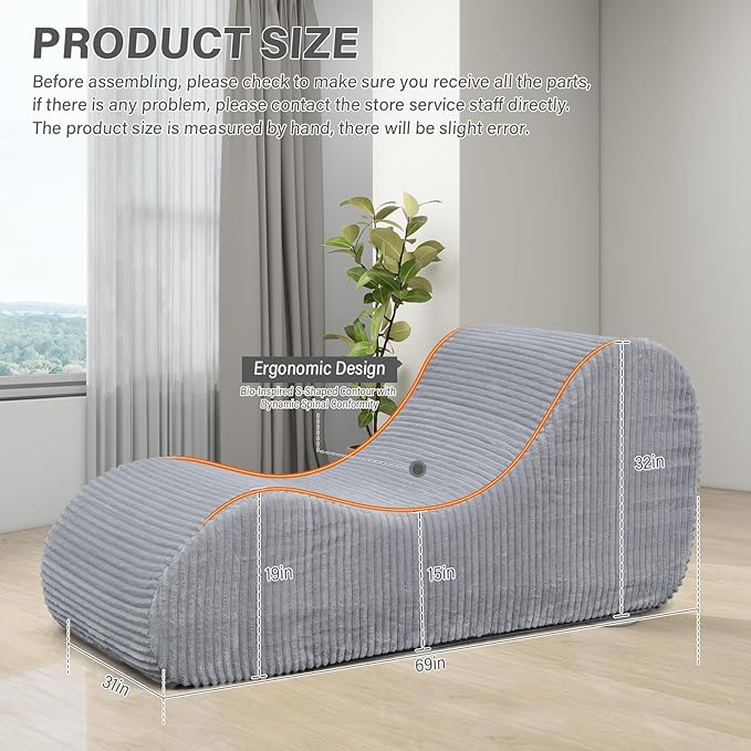 Corduroy Chaise Lounge Chair Couch Indoor Boneless Oversized High-Density Sponge Soft Sofa, Light Grey