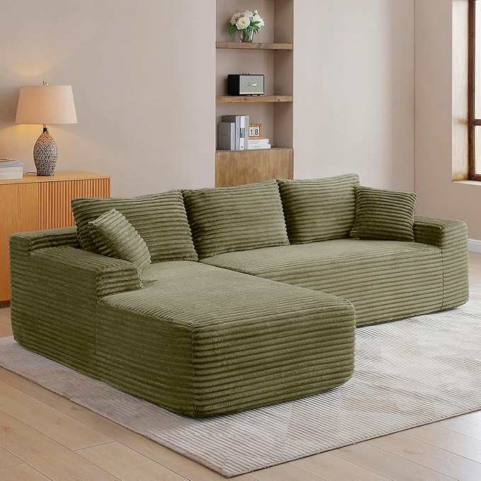 HYJT-H&K Modular Sectional Sofa Cloud Sectional Couch, 95" Comfy Fluffy L Shaped Green Couches for Living Room, Deep Seat Memory Foam Plush Corduroy Boneless Couch Sectionals Left Facing Chaise Sofa