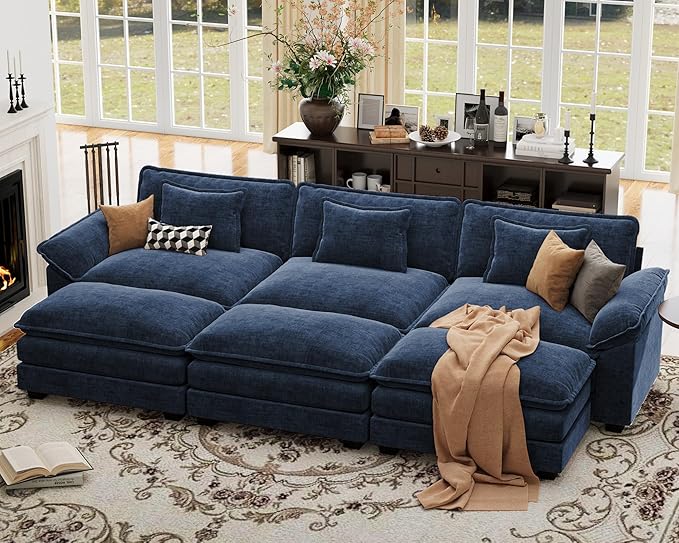 CDCASA 120" Oversized Modular Sectional Sofa Bed, Comfy Cloud Couch w/ 3 Movable Ottoman, 6-Seater Chenille Deep Seat Sofa Bed Modern Sofa Couch for Living Room, DIY Combination, Blue