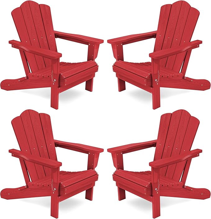 KINGYES Folding Adirondack Chair Set of 4, HDPE All-Weather Folding Adirondack Chair, Light Red