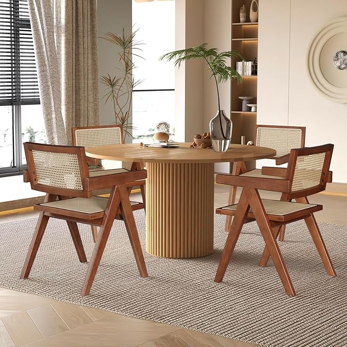 Rattan Walnut Mid Century Modern Dining Chairs Set of 4, Comfy Armchairs with Cane Back, Outdoor Kitchen Chairs for Multiple Rooms