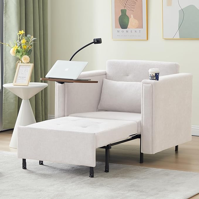 ORRD Pull Out Sofa Chair Bed, 2-in-1 Multi-Functional Sleeper Couch Small Loveseat Bed with Hidden Side Table, Phone Holder and Cup Holder for Living Room, Small Space, Apartment (White)