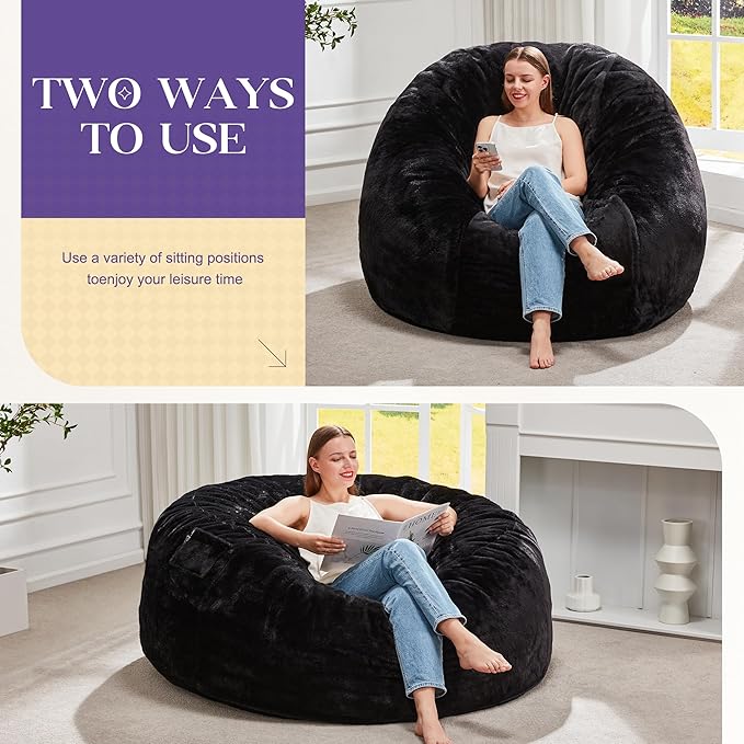Hobestluk Bean Bag Chairs Giant Beanbag Chair with Filler, Memory Foam Bean Bags with Fluffy & Machine Washable Cover, Bean Bag Chairs for Aduts for Living Room, Bedroom (BLACK, 4FT - 44” x 44” x 24”)