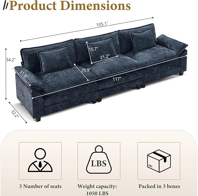 URRED Modular Sectional Sofa Comfy Cloud Couch, Modern Chenille Sofa Sleeper Deep Seat Couches with Ottoman/Pillows for Living Room (Blue, 117'')