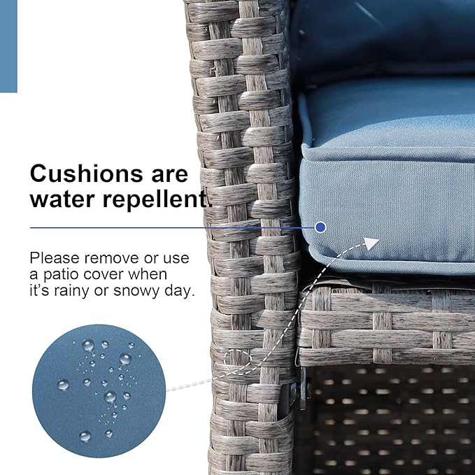 OC Orange-Casual 2-Piece Outdoor Patio Furniture Wicker Love-seat and Coffee Table Set, with Built-in Storage Bin, Grey Rattan, Navy Blue Cushions