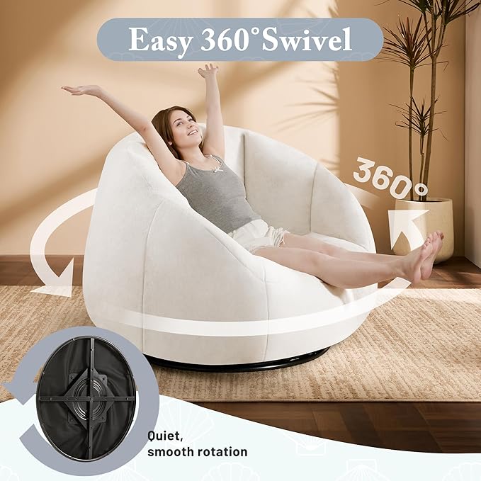 Swivel Giant Bean Bag Chair for Adults with Ottoman - Comfy Plush Round Shell Soft Accent Chaise Lounge Indoor Chair, Oversized Cozy Floor Sofa for Living Room, Bedroom & Game Rooms, Beige