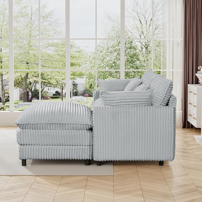 HYJT-H&K 74" L Shaped Cloud Couch Modular Small Sectional Couches for Living Room Small Spaces, Comfy Fluffy Corduroy Cloud Loveseat with Ottoman 3 Seat Sectionals Sofa, Grey