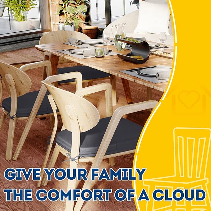 AAAAAcessories D-Shaped Chair Cushions, 2" Thick Dining Chair Pads with Ties and Removable, Machine-Washable Cover, 17" x 16", Dark Grey