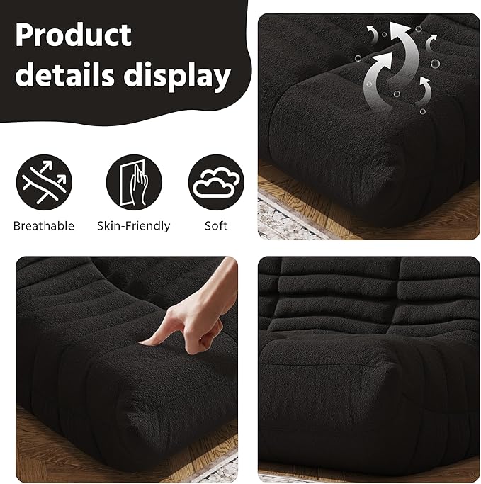 Bean Bag Chair, Fireside Chair, Large Bean Bag Chair for Adults, Bean Bag Chairs for Teens with High-Resilience Foam, Non-Slip Base Floor Lounge Sofa,Living Room (Black, 3-Seater)