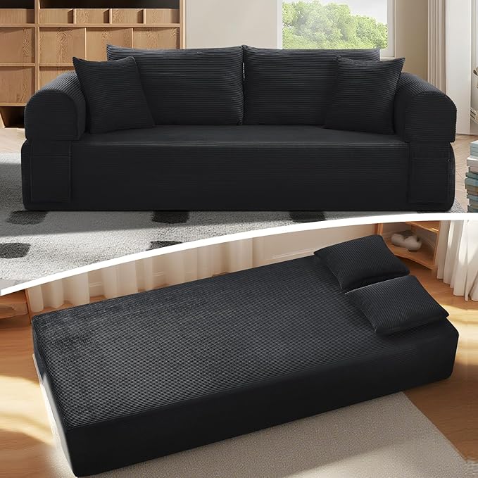83" Sofa in a Box, 3 Seater Couch No Assembly Boneless Sofa Bed with Cushion Back 2 Matching Pillows Deep Seat Corduroy Fabric Side Storage Pockets for Living Room, Bedroom, Apartment, Office, Black