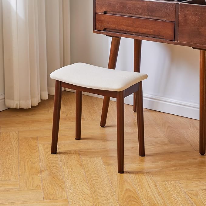 IBUYKE Saddle Cushion Vanity Stool Chair, Foot Rest Stool with Solid Wood Legs, Modern Vanity Bench Ottoman for Piano, Upholstered Seat for Bedroom, Entryway, Walnut Legs&Off White WBD007HM