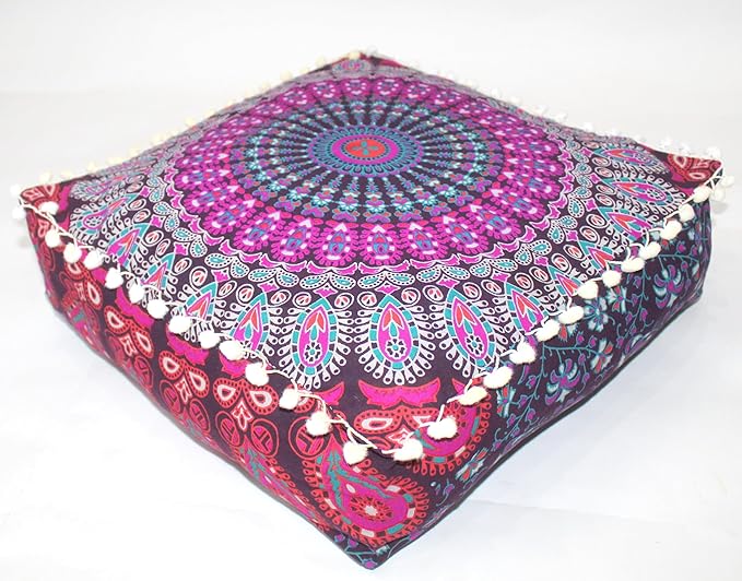 CRAFT KALA Pink Peacock Large Hippie Mandala Meditation Floor Ottoman Pillow Cushion Pouf Cover Square Poufs Bohemian Circle Floor Cushion Case Outdoor Fireplace Living Room Decor Cover 18" Square