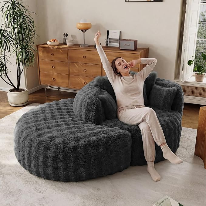 55" W Oversized Round Chaise Lounge Chair with Ottoman Indoor Boneless Faux Fur Plush Fluffy Circle Couch Soft Comfy Cozy Cloud Reading Chair with 5 Pillows for Living Room, Playroom, Bedroom - Grey