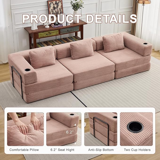 118" Oversized Convertible Floor Sofa Bed, Boneless Foldable Mattress Cloud Couch with Pillow Back & Armrest, Fold Out Floor Couch with Cup Holder for Living Room Bedroom Lounge, Corduroy, Pink