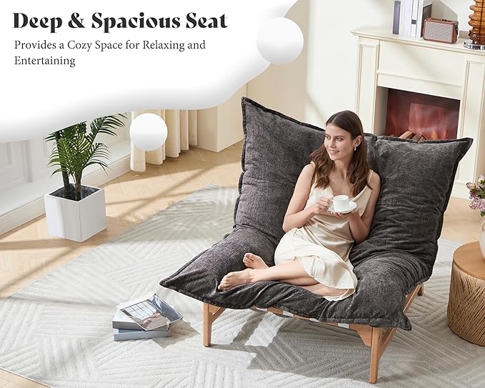 AMERLIFE 46" Oversized Sofa Chair, Modern Accent Chair, Sofa Style Bean Bag with Plush Cushion, Lazy Lounge for Living Room, Chenille Gray
