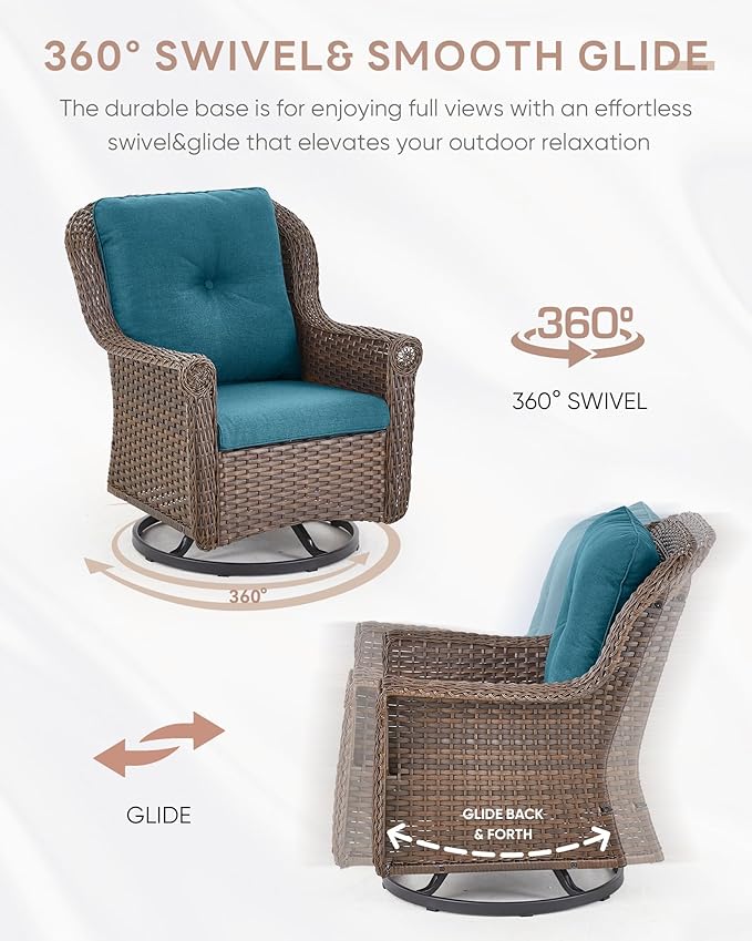 ACTREST Outdoor Patio Swivel Gliders with Fire Pit Table 5 Piece Set - High Back Brown Wicker Rattan Rocking Chair with Thick Cushion for Porch Apartment Deck Yard Poolside Garden - Peacock Blue