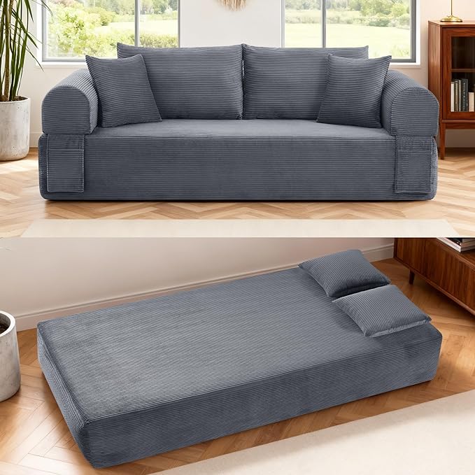 GJQ 83" Boneless Couches for Living Room,Corduroy 3 Seater Couch in a Box with 4 Pillows & Storage Pocket,Convertible Sleeper Sofa Bed Compressed Floor Sofa,Deep Gray