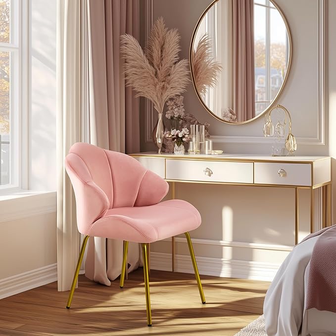Yaheetech Vanity Chair, Velvet Accent Chair with Shell-Shaped Backrest, Modern Armchair with Gold Metal Legs for Dressing Room/Bedroom/Living Room, Pink