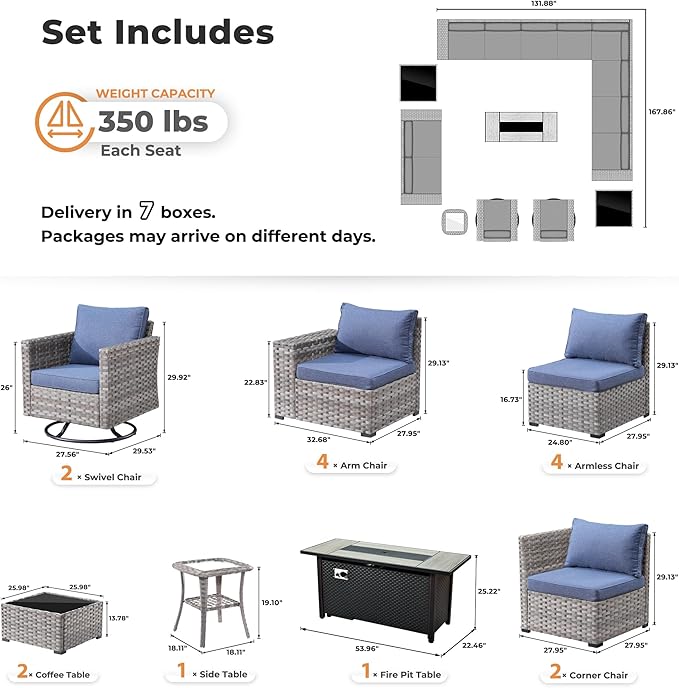 ovios 16 Pieces Patio Furniture Set, Outdoor Wicker Sectional Sofa with 54" Fire Pit Table Swivel Chairs, Modern Modular Deep Seat Rattan Couch Conversation Sets, Denim Blue