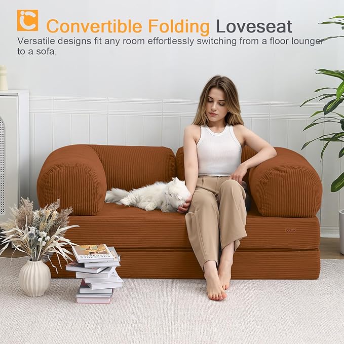 COMAX Futon Sofa Bed, 4-in-1 Floor Foldable Sofa Couch Bed Queen with L-Shaped Armrests, Convertible Folding Chair Bed Corduroy Sleeper Mattress Fold Out Comfy Lounge for Living Room, Orange