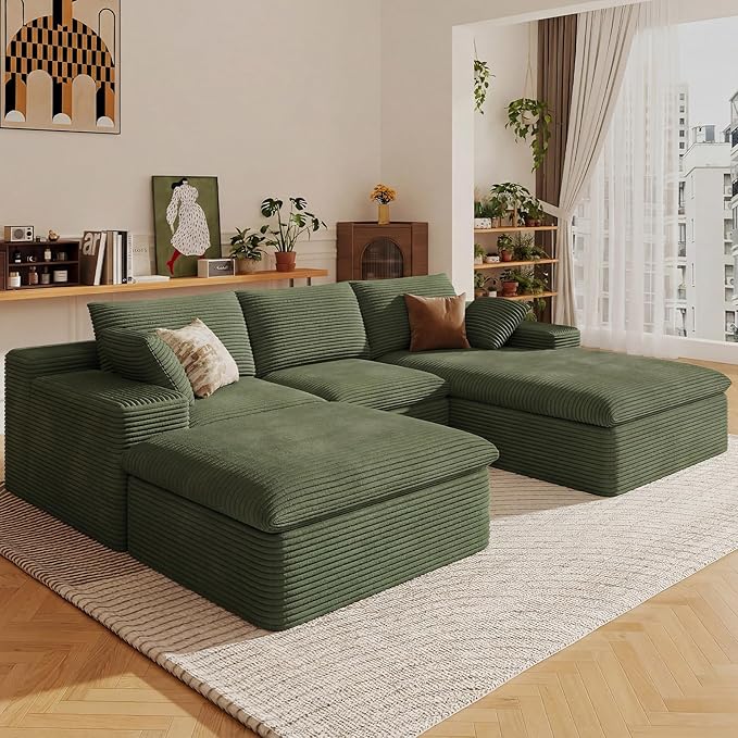 107" Cloud Sectional Couch with U-Shaped Chaise,Corduroy Viral Boneless Sofa with Ottoman,Memory Foam Couches in a Box with Deep Seat for Living Room,No Assembly Required (Green,Right-Facing Chaise)