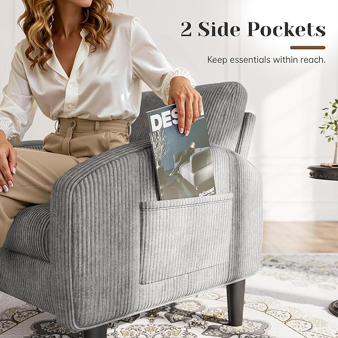 Accent Chair Set of 2,Comfy,Mid-Century,2 Side Pockets,Armchair,Upholstered Bedroom Chair for Apartment,Waiting Room,Grey