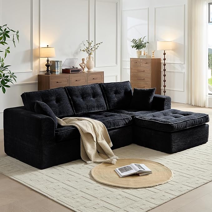 Cloud Couches for Living Room, Modern Modular Sectional Sofa with L-Shape Chaise, Boneless Couch with Deep Seat, Plush Corduroy, No Assembly Required (Black)