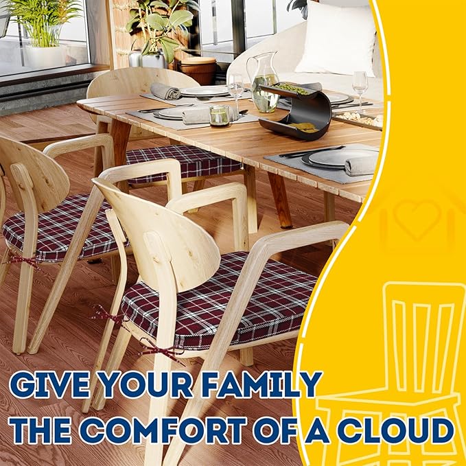 AAAAAcessories D-Shaped Chair Cushions, 2" Thick Dining Chair Pads with Ties and Removable, Machine-Washable Cover, 17" x 16", Red Checkered