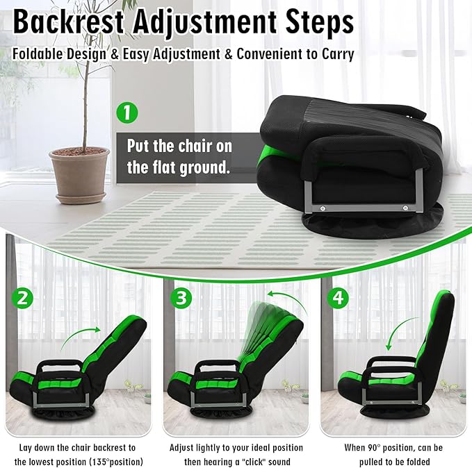 Swivel Floor Gaming Chair w/Armrests,Folding Video Reclining Sofa w/6 Adjustable Position, Padded Backrest & Cushion, Lazy Lounger Couch for E-Sports, Reading, Relaxing, Watching TV, Green