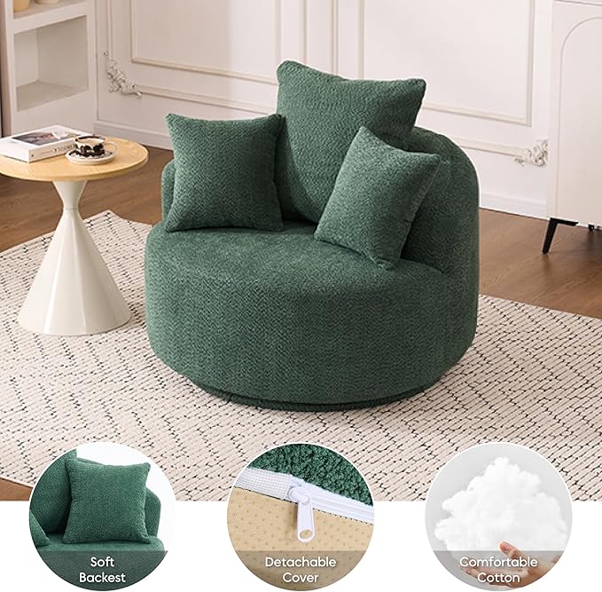 Yoglad 38.58'' Swivel Round Chair, Comfy Boucle 360° Accent Chair with Thick Cushion, Oversized Modern Single Sofa with 3 Pillows, Soft Armchair for Nursery, Living Room, Bedroom, Office (Green)