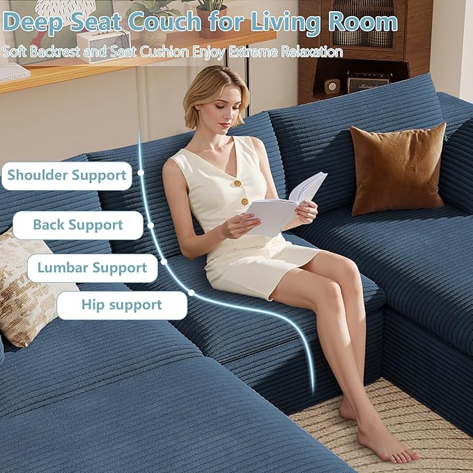 107" Cloud Sectional Couch with U-Shaped Chaise,Viral Corduroy Boneless Sofa with Ottoman,Memory Foam Couches in a Box with Deep Seat for Living Room,No Assembly Required (Blue,Right-Facing Chaise)
