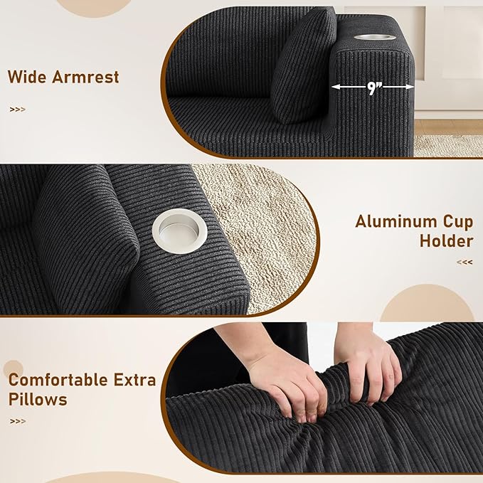 Furnimart 112" L-Shaped Modular Sectional Sofa with Ottoman, Boneless Cloud Couch with Chaise for Living Room, Modern Deep Seat Lounge Sleeper Couch Bed, No Assembly, Corduroy Black