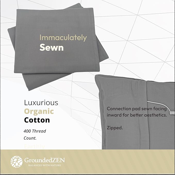 GroundedZen Premium Quality Grounding Pillowcase - Organic Cotton with Conductive Silver Threads. Grounding Cord Included. Zippered. Earth Connected Bed. 20x30 (Pillowcase Queen)