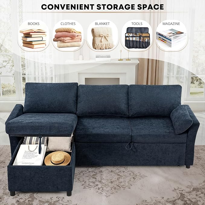 ACMEASE 83 Inches Fabric Sectional Sofa with Pull Out Sofa Bed, Modern L Shaped Sofa with Throw Pillows, Comfortable Sleeper Couch with Storage Chaise for Living Room, Blue