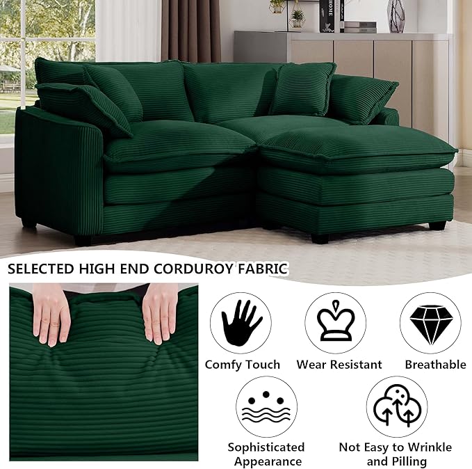 Aoowow Corduroy Loveseat Couch with Ottoman,Modern 2 Seater Cloud Couches for Living Room,Modular Sectional Cloud Sofas Deep Seat,Large L-Shaped Couch for Small Spaces (Green, 2 Seater + 1 Ottoman)