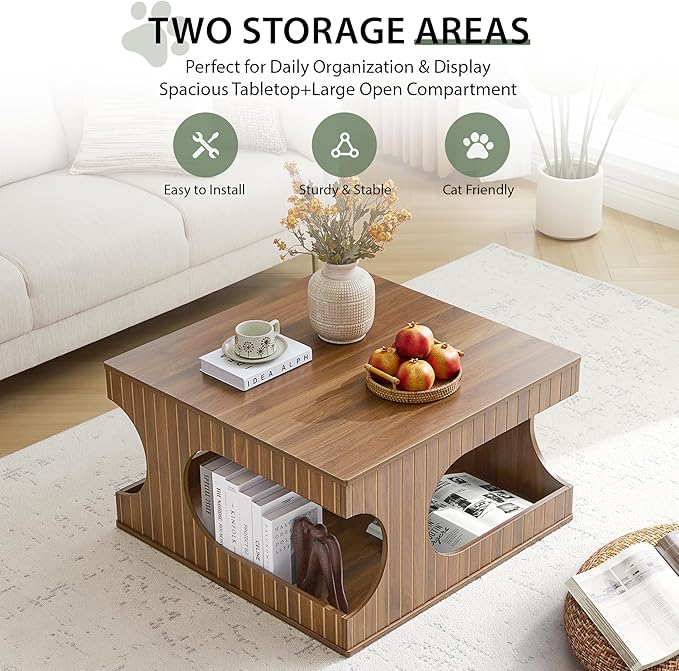 weselon 31.5" Square Coffee Table with Storage, Mid-Century Modern Center Table with Arched Cutouts and Carved Lines, 2-Tier Tea Table for Living Room, Cat-Friendly Base (Walnut)
