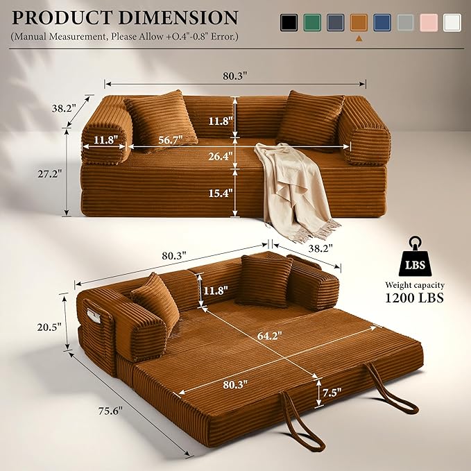 AUGOP Boneless Couch Folding Couches for Living Room Sofa, Futon Sofa Bed with Sleeper Sofa, Futon Couch with Fixed-Shape Oversized Corduroy Upholstered (Orange, 81 Inches)