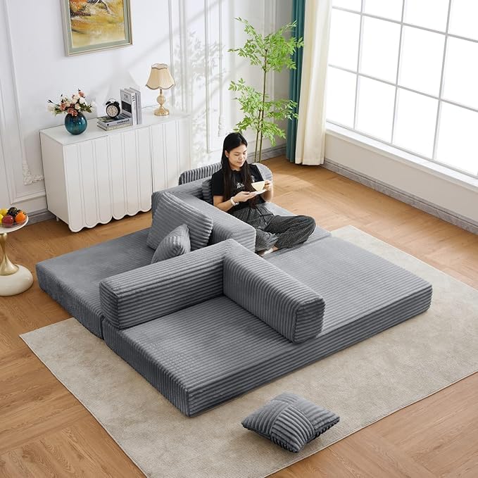 Folding Sofa Bed, Corduroy Loveseat Sleeper with Fixed-Shape Frame, No Assembly Needed Futon Couch, Convertible Floor Sofa Lounge Couch for Living Room, Bedroom, Lounge Studio, Grey