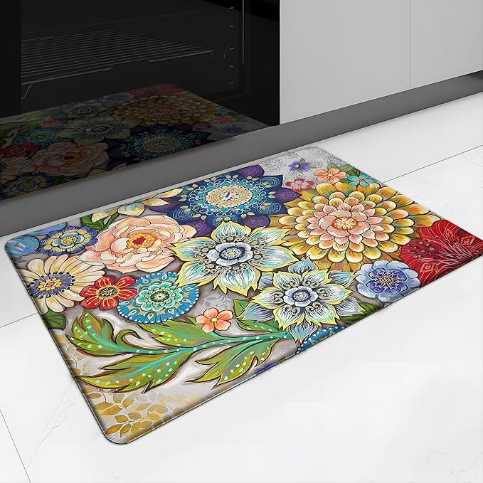 Floral Kitchen Rug Mat for Floor Boho Cushioned Anti-Fatigue Mat Memory Foam Standing Desk Padded Comfort Floor Mat for Sink, Office, Laundry, 17.3x28 Inch - 1/2 Inch Thick