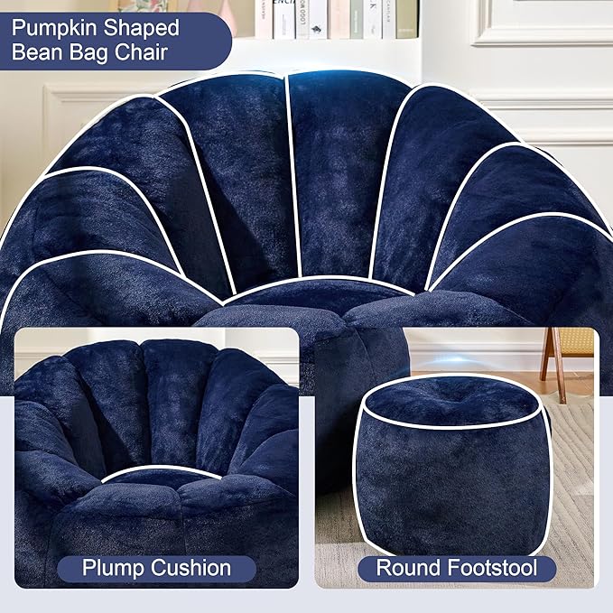 Pumpkin Shaped Bean Bag Chair with Ottoman, Gaint Bean Bag Chair for Adults, Faux Rabbit Fur Comfy BeanBag Floor Sofa Chair for Reading, Playing, Relaxing, Dark Blue