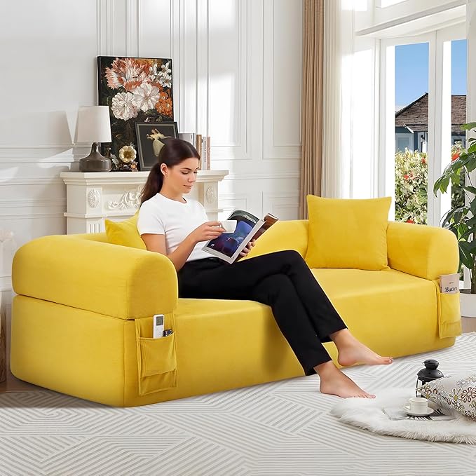 83" Boneless Couch, 3 Seater Sofa with 2 Matching Pillows Compact Corduroy Couches for Living Room Side Storage Pockets, Floor Sofa with Removable Armrests, No Assembly Required, Yellow