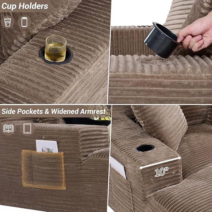 50"W x 68"D Oversized Chaise Lounge Chair Indoor Boneless Reading Chair Plush Corduroy Recliner with Cup Holders Large Deep Seat Comfy Sofa Bed Couch with 3 Pillows for Living Room Bedroom, Camel