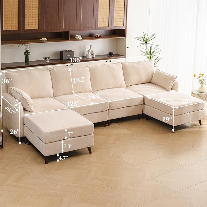 Rexulqo 135'' Modular Sectional Sofa with All Seats Storage, Oversized U Shaped Couch,4-Seater Comfy Cloud Couch with Movable Ottoman,24.5'' Deep Seat,Big Sofas for Living Room,Bedroom,Velet,Cream