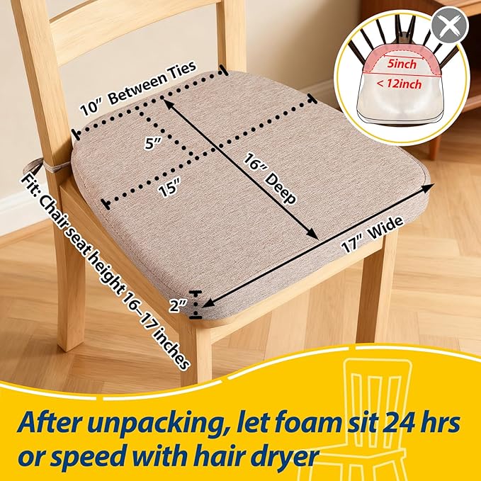 AAAAAcessories D-Shaped Chair Cushions, 2" Thick Dining Chair Pads with Ties and Removable, Machine-Washable Cover, 17" x 16", Set of 8, Oatmeal Beige