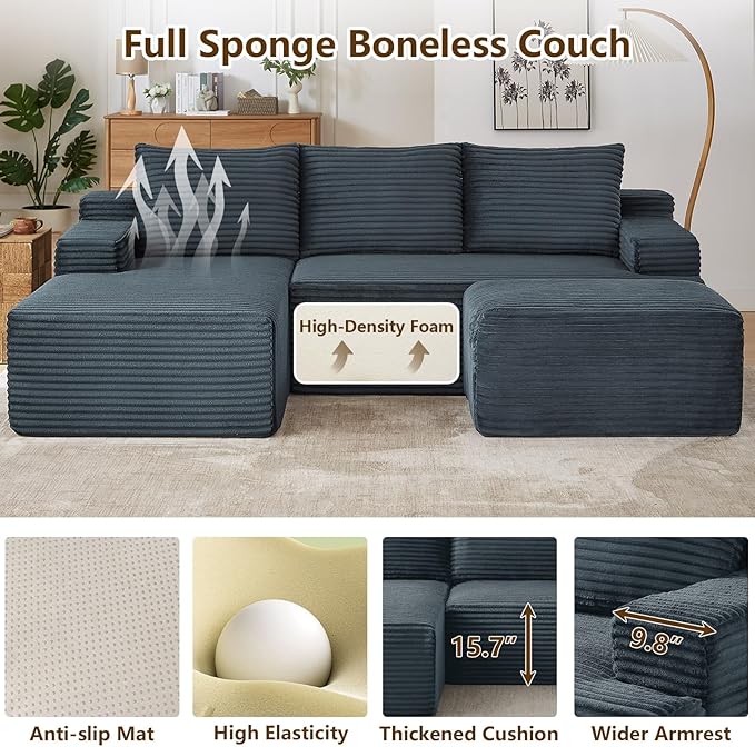 96" U-Shape Cloud Couch, Modern Modular Sectional L-Shape Sofa with Ottoman, Corduroy Upholstered Couches Deep Seat Sleeper Chaise Longue for Living Room, No Assembly Required(Dark Gray, Left Facing)