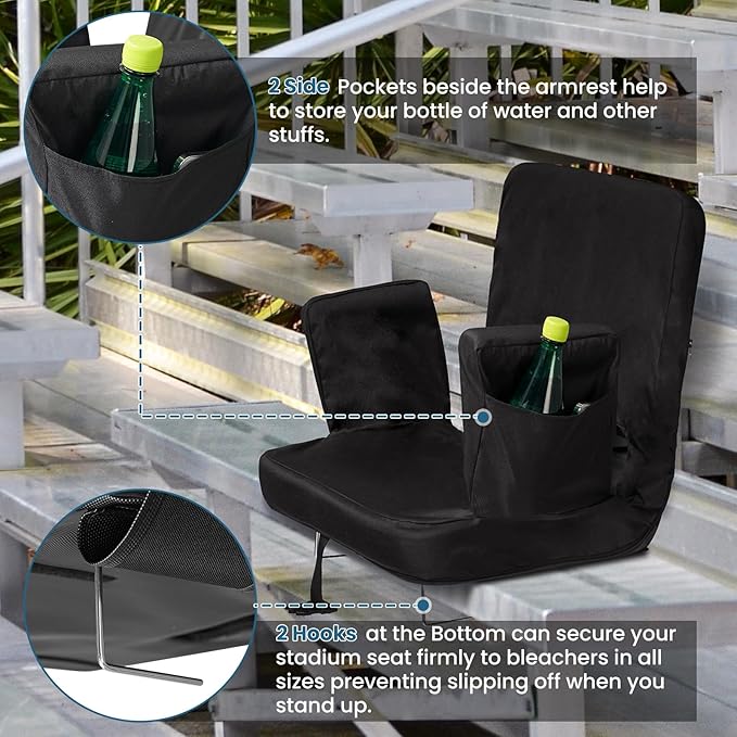 TOPSKY Stadium Seat with Back Support, Extra Wide 21.2”Width (Seat 19.5”), 3 Reclining Positions, Wide Bleacher Seats with 2 Hook, Picnic Seat (Black)