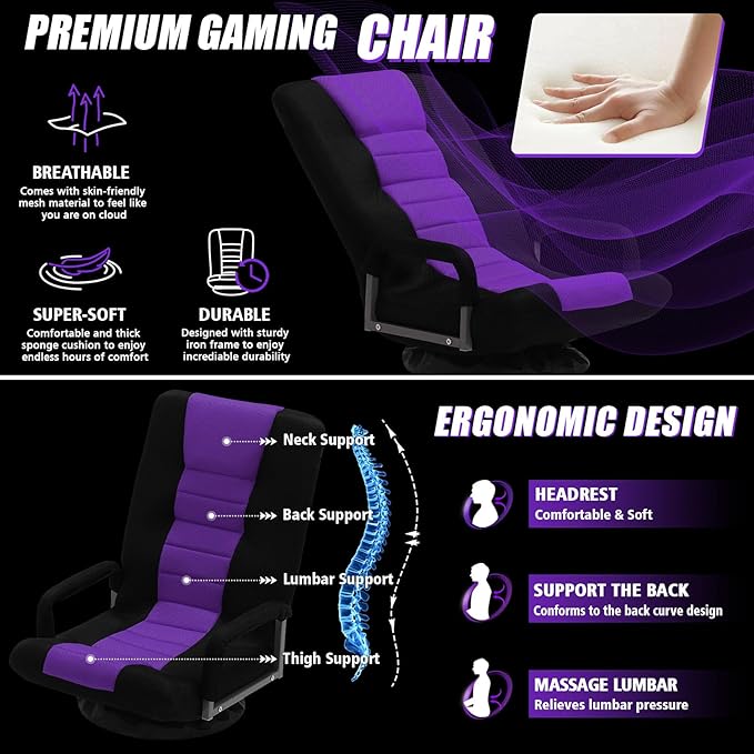 ACIPENSER Swivel Gaming Chair Multipurpose Floor Gaming Chair for Playing Video Games, TV, Reading w/Armrest Lumbar Support & 6 Adjustable Postion Backrest for Adults & Kids,Purple